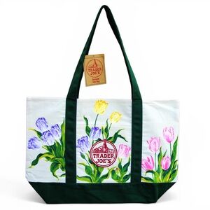 Hand Painted Trader Joe’s Canvas Tote Bag Tulip Design Green Trim Spring Garden